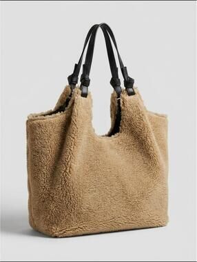 Anthropologie Camel Teddy Tote with Black Handles